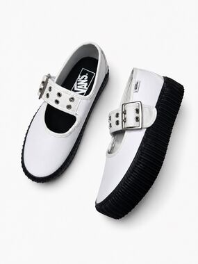 NEW Vans Size Women 5.5 / Kids 4 White Mary Jane Creeper Shoes with Black Sole